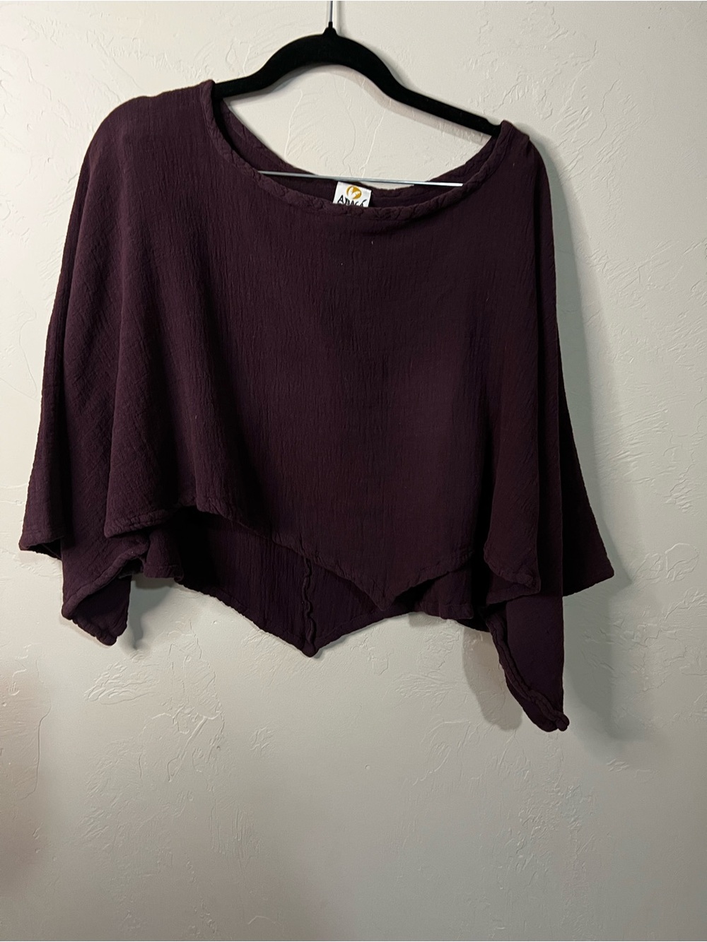 Abaca Plum Purple Cotton Gauze Asymmetrical Crop Lagenlook Boho Top - Picture 2 of 4